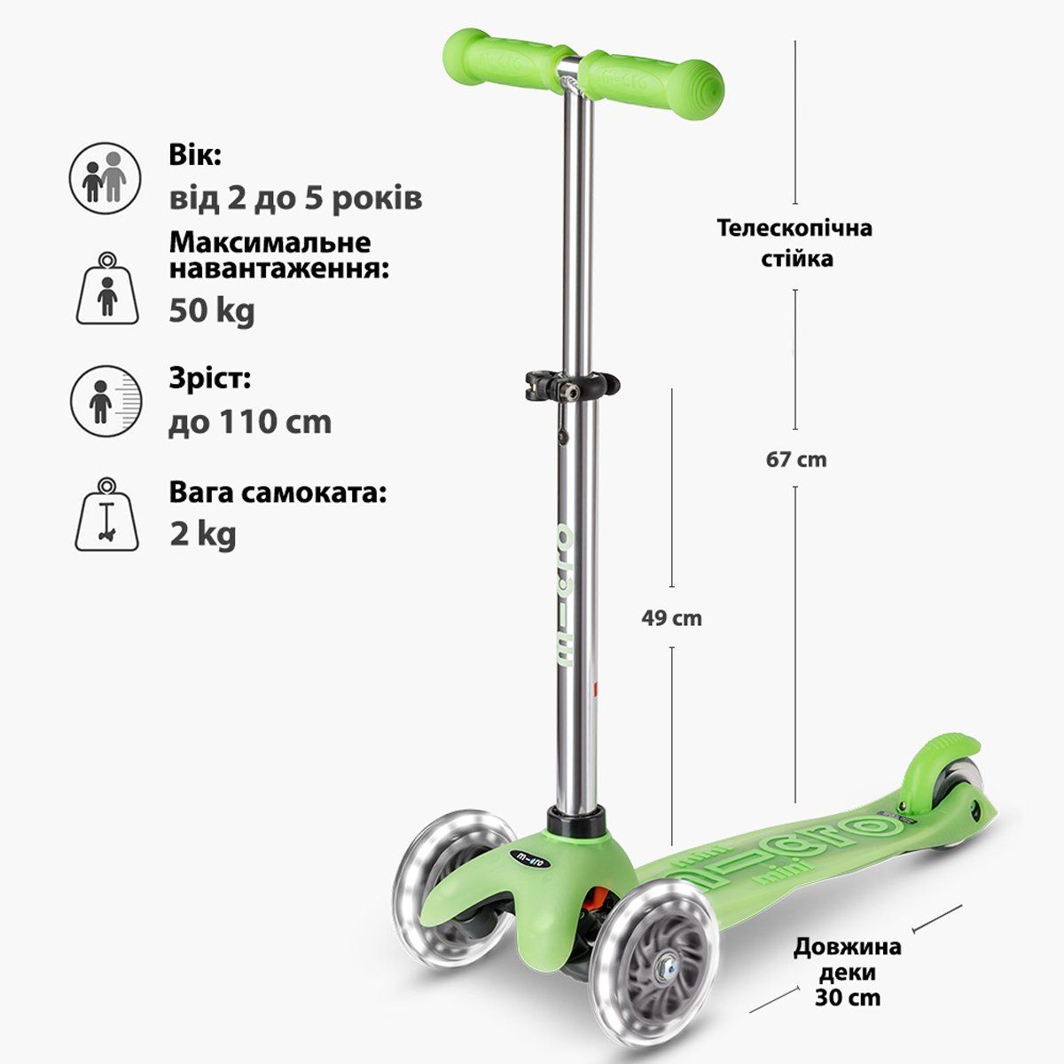 Самокат Mini Micro Deluxe Glow LED (Ice Lime)